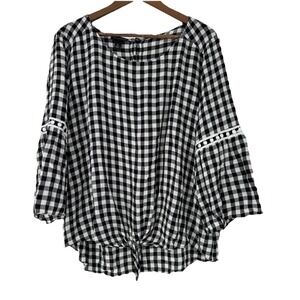 IN Studio XL Blouse Black & White Gingham 3/4 Bell Sleeve Cottagecore Western
